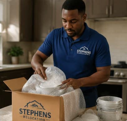 Stephens team member wrapping fragile dishes into a labeled moving box