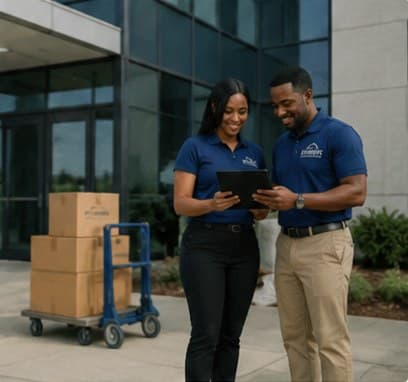Stephens team reviewing a relocation checklist outside an office building