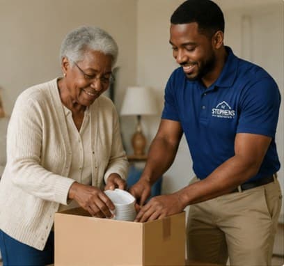 Stephens team member helping a senior client pack belongings