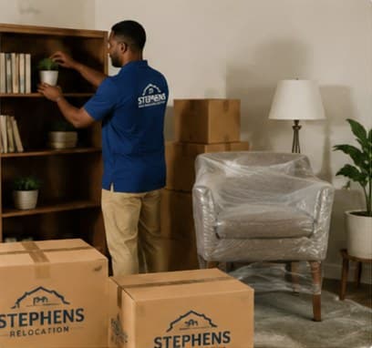 Stephens team member arranging shelves while unpacking a living room